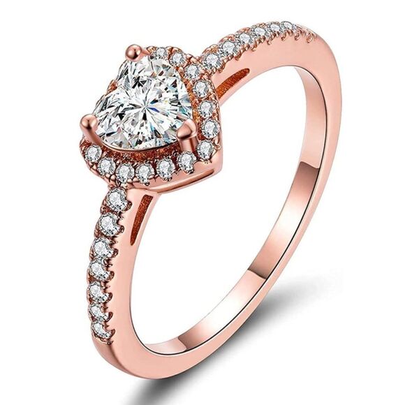 18K Rose Gold and White Diamond Cubic Zirconia Halo Heart Engagement Ring - Picture 1 of 6